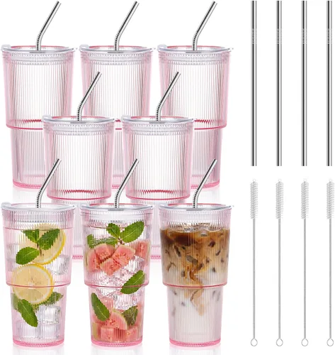 Vista 15 de 2 vasos de plástico de 15 onzas con tapas y pajita, tazas de plástico reutilizables para café helado, a prueba de fugas, vasos de viaje para café