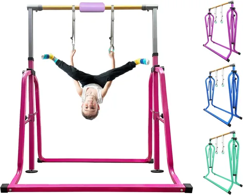 Vista 9 de Foldable Gymnastics Kip Bar with Rings & Bar Pad, 3 FT–5 FT Adjustable Horizontal Bar for Kids, 7-Level Height, 300 LBS Weight Capacity, Indoor Home