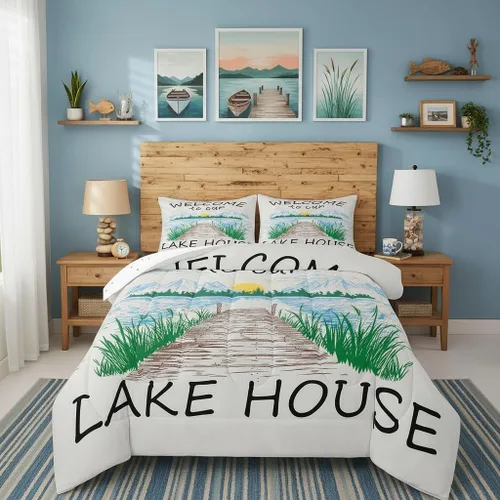 Vista 20 de Juego de edredón Lake House tamaño Twin, juego de ropa de cama náutica de navegación con ancla de 2 piezas para decoración de habitación de niños