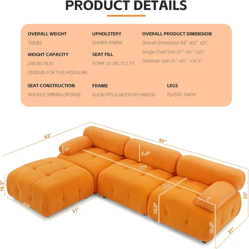 Vista 2 de Sofá modular modular de 93 pulgadas, sofá sherpa minimalista en forma de L, sofá convertible, muebles de sala para sala de estar, apartamento