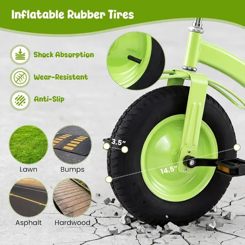 Vista 4 de BABY JOY Triciclo para niños, triciclo de rueda delantera de 15 pulgadas Verde