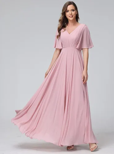 Vista 2 de BEAUTFOR Womens V Neck Batwing Sleeve Ruched Chiffon Bridesmaid Dresses Long Formal Wedding Party Gowns with Pockets BF06
