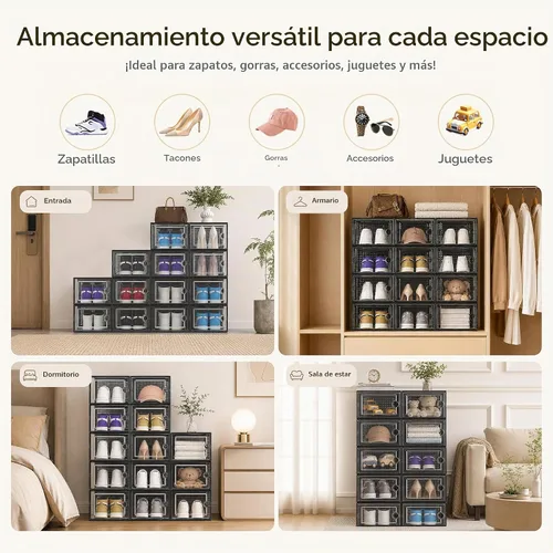 Vista 8 de Kuject Cajas de almacenamiento de zapatos grandes, 12 unidades, organizador Negro