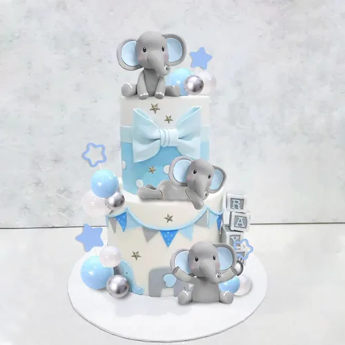 Vista 5 de 32 piezas de decoración de pastel de elefante con mini elefante, bolas de perlas azules y blancas para suministros de cumpleaños con temática