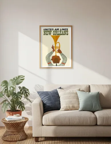 Vista 6 de New Orleans - Jazz Trumpet Player - United Air Lines - Vintage Airline Travel Poster c.1960s - Master Art Print (Unframed) 6in x 9in