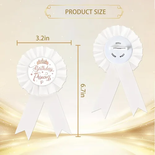 Vista 3 de Pin de insignia de princesa de cumpleaños, corona de oro rosa, pin de botón de niña de cumpleaños, pin de insignia de roseta blanca de cumpleaños