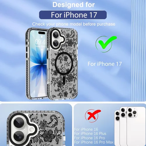Vista 7 de OOK Funda magnética transparente para iPhone 17, lindo encaje floral negro Encaje Negro Floral