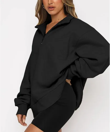 Vista 2 de ANGGREK Sudadera para mujer de gran tamaño, media cremallera, sudadera de manga larga, sudadera con capucha, suéter para adolescentes y niñas, ropa
