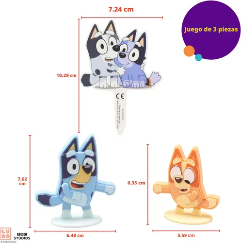 Vista 6 de DecoSet® Bluey Dance Mode - Adornos para tartas, decoración para tartas de 3 piezas con figuras de Bluey y Bingo y Muffin & Socks Poly Pic