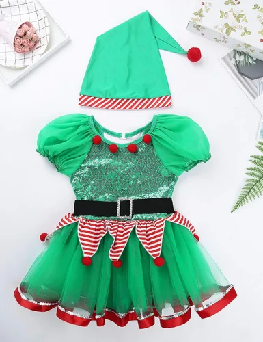 Vista 3 de dPois Disfraz de elfo de Papá Noel para niñas y niñas, vestido de tutú de lentejuelas para baile, traje festivo, fiesta de Navidad