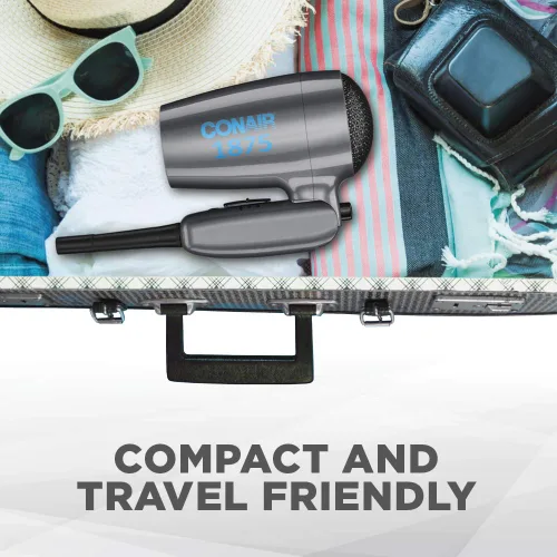 Vista 6 de Conair - Secador de cabello de viaje con doble voltaje, 1875 W, secador compacto con mango plegable, gris, (paquete de 4)