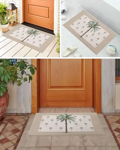 Vista 8 de Alfombra de baño antideslizante con diseño geométrico de palmeras tropicales de verano sobre fondo marrón, suave, peludo, largo, peludo, de 16 x 24