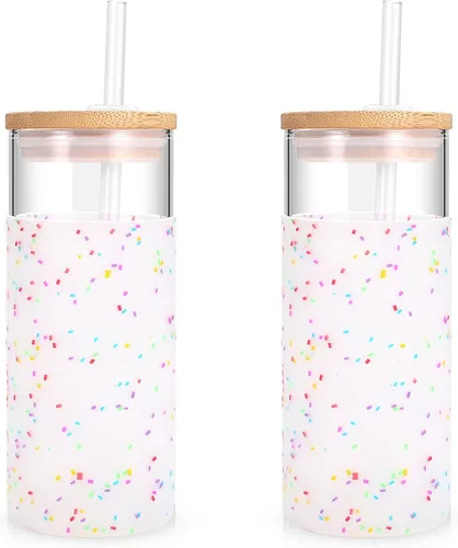 Vista 38 de Tronco Vaso de vidrio de 20 onzas con tapa y popote, taza de café helado y vaso para batido con tapas de bambú y funda protectora de silicona, apto