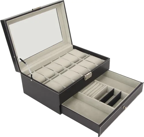 Vista 2 de JUOPZKENN Caja de almacenamiento de reloj de piel sintética con cerradura de 12 ranuras, color negro, 2 niveles, con tapa de cristal, soporte