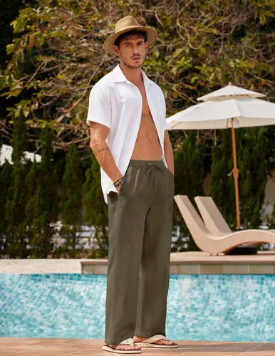 Vista 3 de COOFANDY Pantalones casuales de lino para hombre, cintura elástica, pantalones de lino con cordón para verano, playa, yoga, pantalones de lino