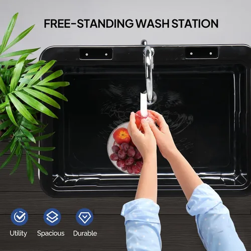 Vista 7 de ROVSUN Fregadero utilitario de plástico negro de 20 galones con grifo de agua caliente y fría, capacidad de carga de 150 libras, altura y versión