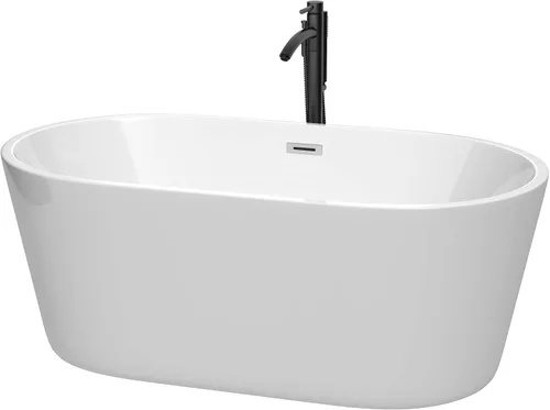 Vista 9 de Carissa - Bañera independiente de 60 pulgadas en color blanco con grifo montado en el suelo, desagüe y desbordamiento en negro mate