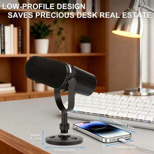 Vista 6 de Soporte de micrófono de escritorio para Shure MV7/MV7+, base de micrófono desmontable de perfil bajo premium con tuerca de bloqueo, soporte
