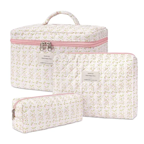 Vista 14 de honitty Bolsa de maquillaje, bolsas de cosméticos acolchadas, bolsas de maquillaje florales grandes para mujeres, organizador de maquillaje, bolsa