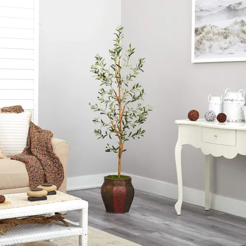 Vista 4 de Nearly Natural Árbol artificial de olivo de 5.5 pies en maceta decorativa