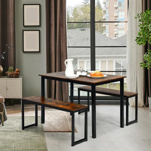 Vista 2 de COSTWAY Juego de mesa de comedor de 3 piezas para 4, mesa de cocina rectangular con 2 bancos, juego de mesa industrial de altura de mostrador