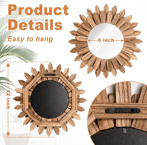 Vista 4 de Emfogo Espejo de Pared de 12 Pulgadas de Madera Rústica Sunburst Espejo Boho Decoración de Pared Decoración del Hogar para Dormitorio Sala de Estar