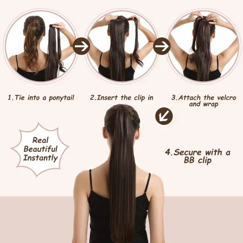 Vista 5 de Extensión de cola de caballo de cabello humano #4 marrón chocolate 100% Remy, extensión de cola de caballo recta envolvente alrededor de colas