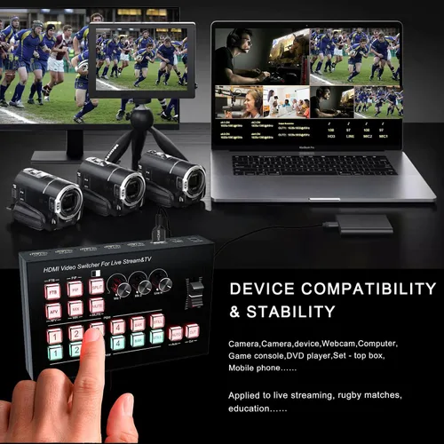 Vista 3 de Mezclador de vídeo de transmisión en vivo, 4 HDMI 4 canales de entrada de vídeo conmutador 2 salidas HDMI Switcher, soporte 1080P@60Hz, HDCP 1.4