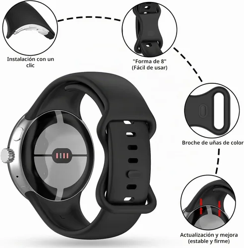 Vista 2 de Correa Compatible con Google Pixel Watch 1/2/3/4 (41mm), Pulsera de Reemplazo de Silicona Suave Deportiva para Google Pixel Watch 41mm Negro