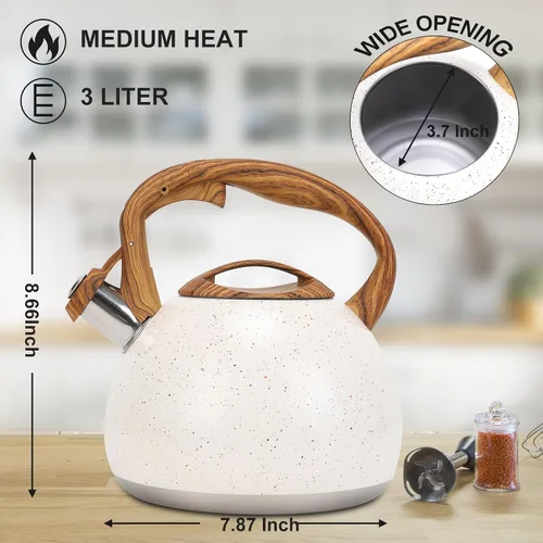 Vista 3 de Tetera, Vegoran Tetera Silbante de 100 OZ / 3 Litros, Teteras para Estufa de Acero Inoxidable Grado Alimenticio con Mango Plegable