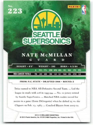 Vista 2 de 2012-13 Panini Brilliance #223 Nate McMillan NM-MT Seattle Supersonics Basketball