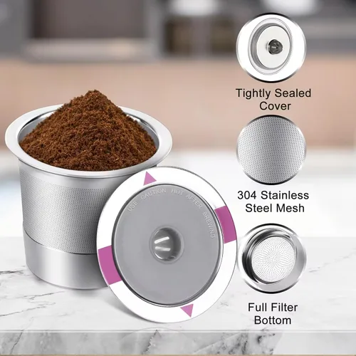 Vista 3 de Tazas reutilizables K Cups para Keurig, cápsulas de café reutilizables universales de acero inoxidable, cápsulas K recargables únicas para máquinas