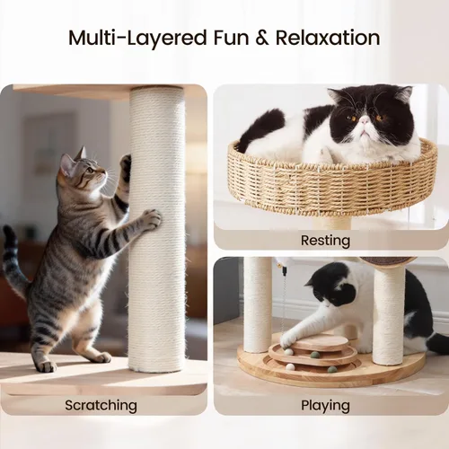 Vista 5 de Árbol de madera maciza para gatos grandes, torre moderna para gatos de 48 pulgadas con cestas tejidas a mano, condominio para gatos de varios