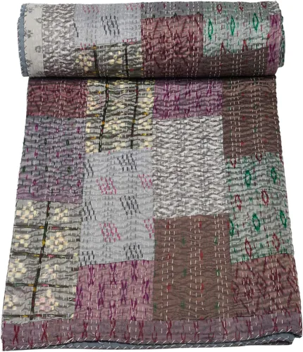 Vista 16 de Marubhumi Colcha india hecha a mano de seda india Sari Kantha acolchado patchwork (negro, individual (60 x 90 pulgadas)