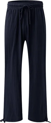 Vista 4 de Pantalones de lino para mujer, de verano, de cintura alta, pierna ancha, estilo casual, cintura elástica, pantalones palazzo, pantalones bohemios