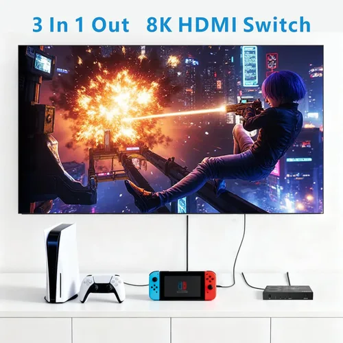 Vista 2 de Interruptor HDMI 8K 3 en 1 salida 4K@120Hz HDMI Switcher con control remoto