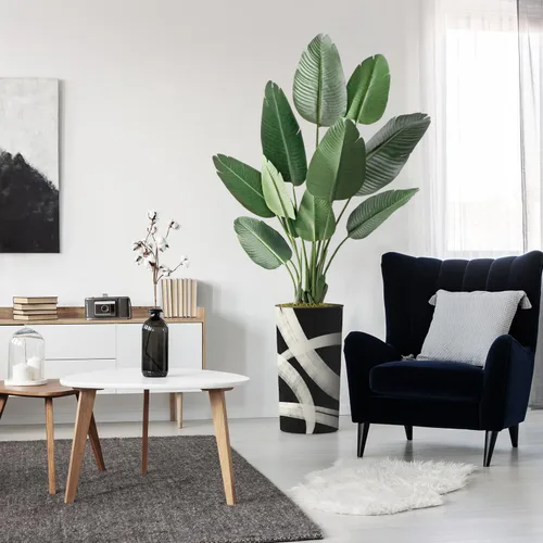 Vista 13 de Árbol artificial en macetero con patrón geométrico, palmera tropical areca artificial de seda para decoración del hogar en interiores y exteriores