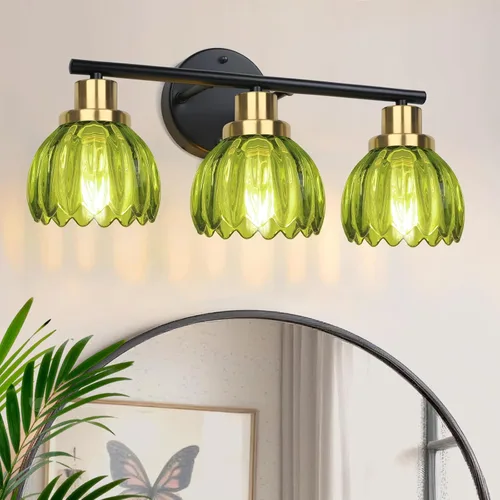 Vista 10 de Ldeco Luces de tocador de 3 luces para baño, lámpara de baño negra y dorada con pantalla de vidrio transparente de burbujas, luces modernas