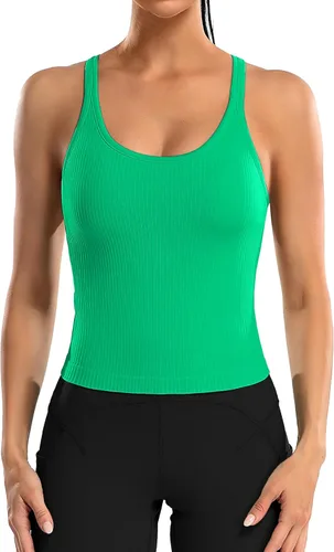Vista 170 de ATTRACO Camiseta corta acanalada de entrenamiento para mujer con brasier integrado para yoga, espalda cruzada, ajuste ajustado