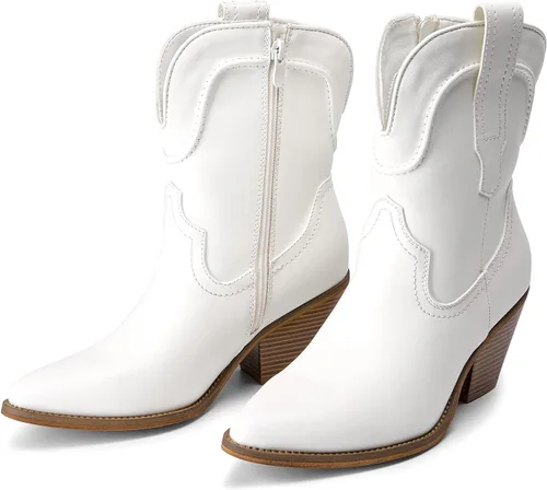 Vista 4 de DREAM PAIRS Botines vaqueros para mujer, botines occidentales, tacón bajo, punta puntiaguda, botas vaqueras