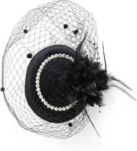Vista 7 de NYTAZAJIX Tocado con plumas y flores, sombrero de pastillero de los años 50, velo de cóctel, fiesta de té, boda, con clips para mujer