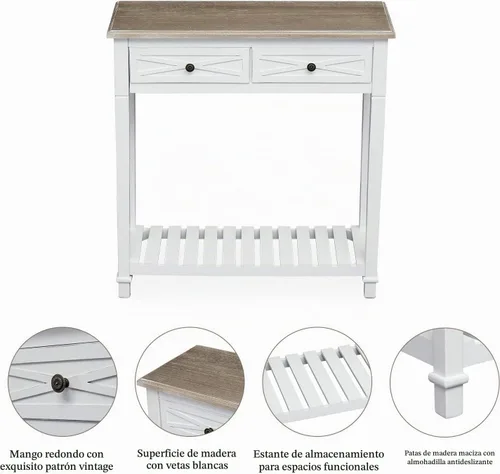 Vista 3 de Mesa consola con 2 cajones y estante de almacenamiento, mesa estrecha para sofá, mesa de entrada para entrada, pasillo delantero, color blanco