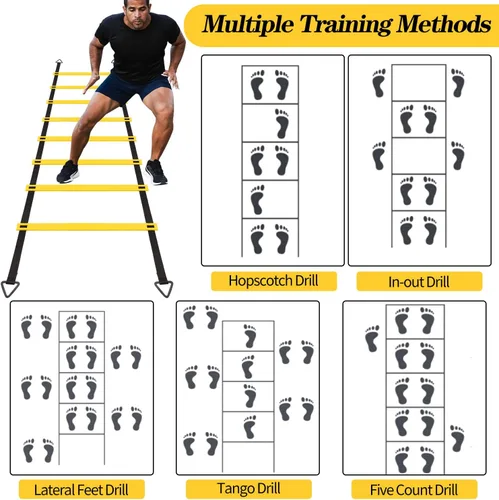 Vista 4 de Juego de 1/2/4 escaleras, 12 peldaños de agilidad, escalera de entrenamiento con estacas de acero y bolsa de transporte para fútbol, entrenamiento