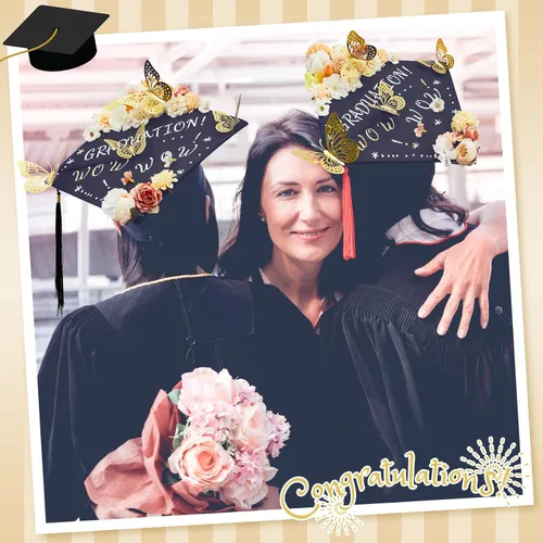 Vista 7 de Hanaive Kit de decoración de 76 piezas de birrete de graduación, incluye flores sintéticas 3D mariposa alfabeto letras calcomanías para graduación