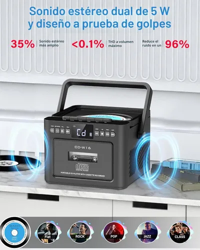 Vista 7 de Greadio Boombox - Combo de reproductor de CD y cassette, reproductor de CD recargable de 5000 mAh con Bluetooth de recepción/transmisión/radio
