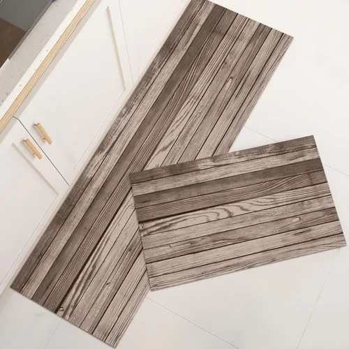 Vista 4 de GUBIYU Juego de 2 alfombras y tapetes de cocina de madera campestre, lavables, rústicas, tablones de madera marrón, alfombras de baño