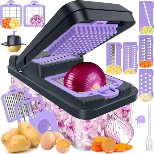 Vista 12 de SpaceHacks Picador de verduras 12 en 1, utensilios de cocina con 7 cuchillas, verduras, alimentos, picador de cebolla, rebanador de pepino