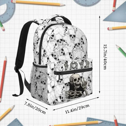 Vista 4 de VIPOIN Mochila para niños, esqueletos de calavera de rock and roll, mochila de Halloween para niños para viajes escolares y actividades al aire