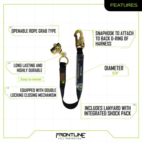 Vista 3 de FRONTLINE FALL PROTECTION RGSS58ES - Cuerda de agarre de 5/8 pulgadas con cordón de 3 pies Cumple con OSHA y ANSI Cordón de gancho a presión
