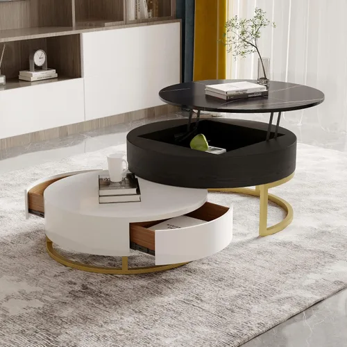 Vista 7 de Mesa auxiliar elevable, mesa de centro redonda con almacenamiento oculto, juego de 2 mesas auxiliares anidables, mesa auxiliar, mesa central